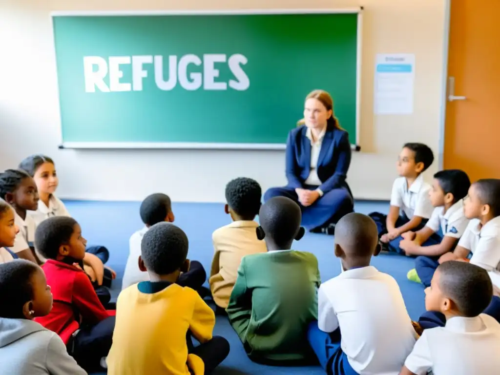 Un círculo de niños diversos escuchando atentamente a un refugiado mientras comparte su historia