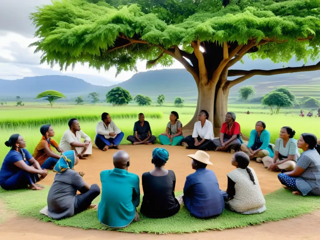 Un círculo de personas de una comunidad marginada escuchando atentamente bajo un árbol en una escena rural, promoviendo la defensa del derecho a leer