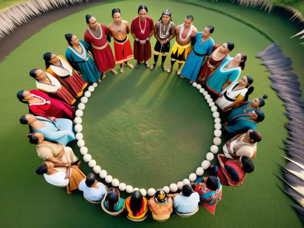 Empoderamiento y unidad: Ceremonia de autodeterminación de los Pueblos Un círculo de personas de diversas comunidades indígenas en ceremonia al aire libre, con vestimenta tradicional y expresiones faciales vibrantes