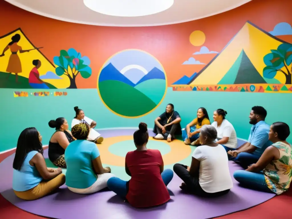 Un círculo de personas participando en terapias culturales reconstrucción postconflicto en un centro comunitario lleno de arte vibrante