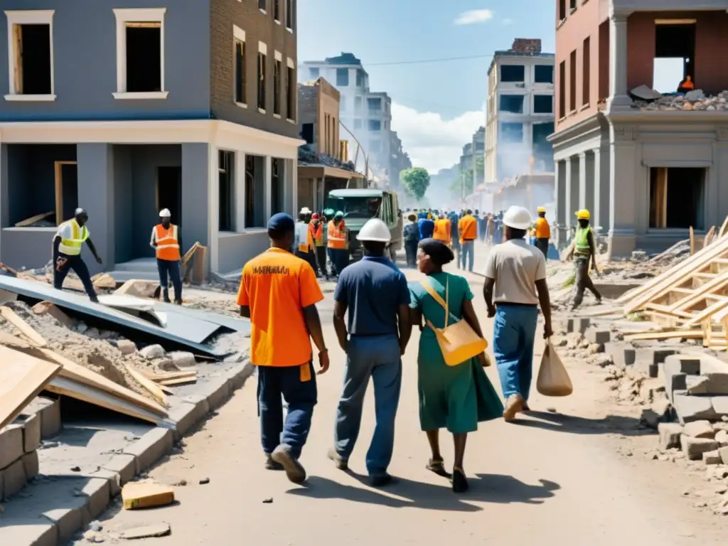 Una ciudad bulliciosa en reconstrucción post-guerra, con colaboración y solidaridad entre trabajadores y voluntarios, mientras la comunidad se une para apoyarse mutuamente