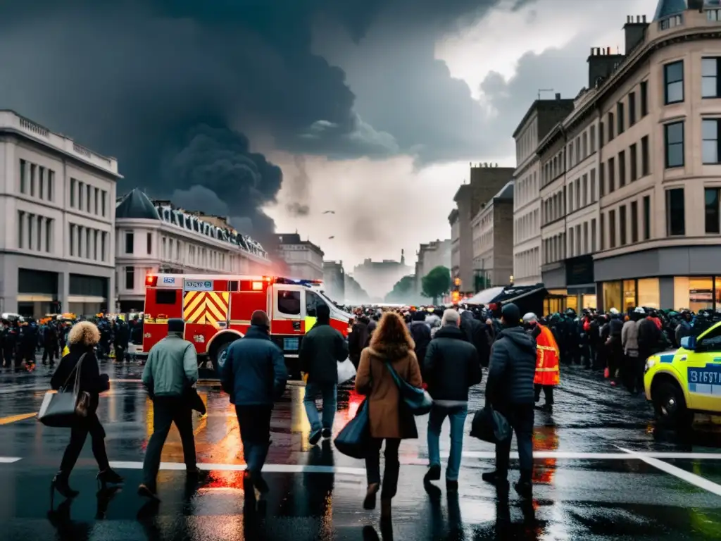 En una ciudad caótica durante una crisis, personas se apresuran, hay vehículos de emergencia y un cielo amenazante