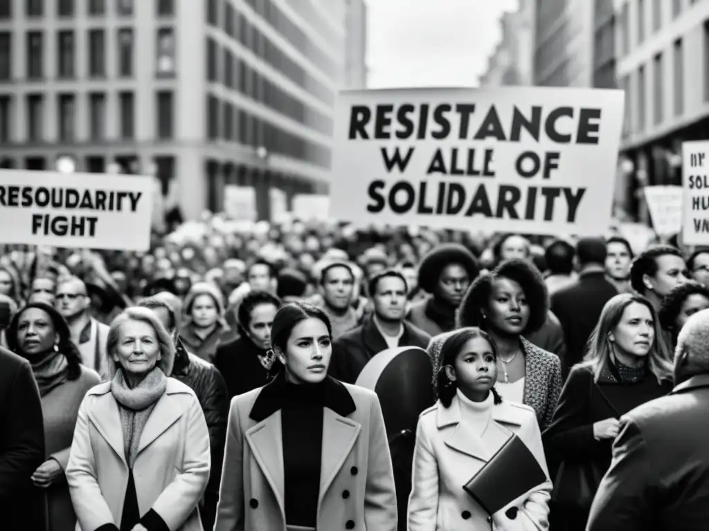 Manifestación en una ciudad bajo control autoritario, personas de todas las edades y orígenes unidas en estrategias de resistencia