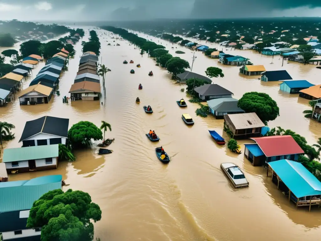 Desolación en ciudad costera por inundación, personas evacuan con pertenencias en la cabeza