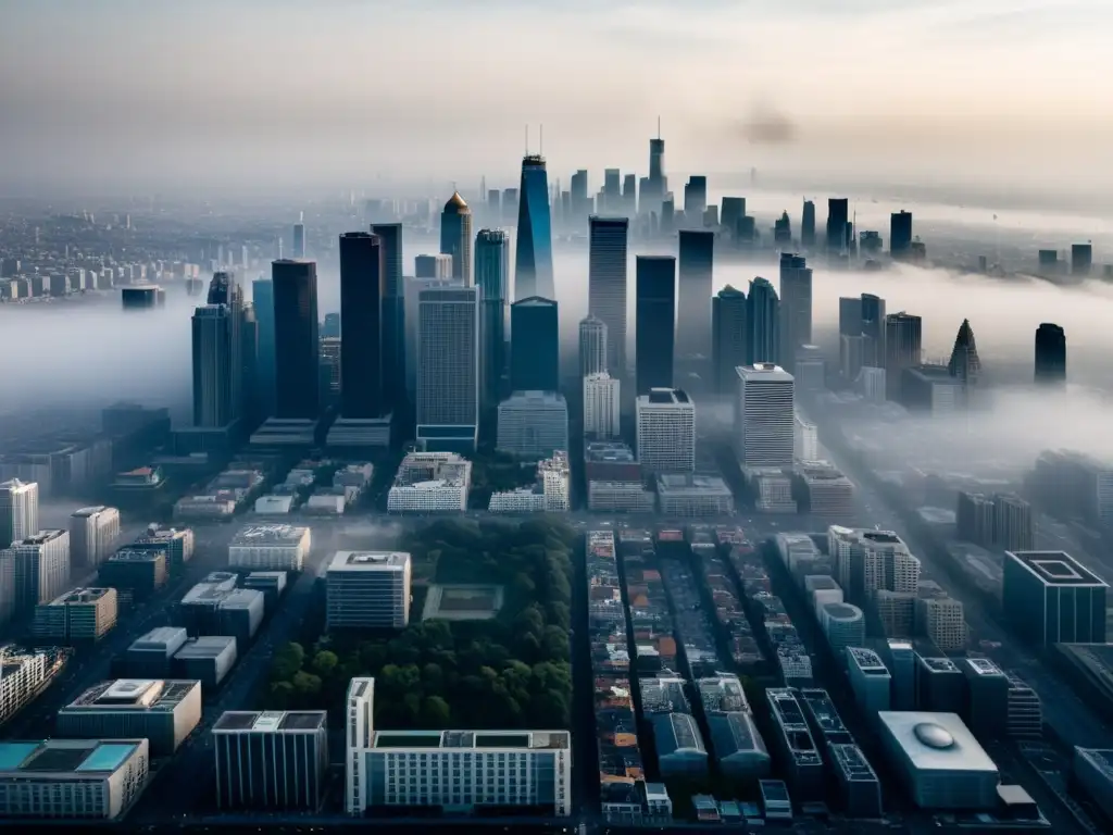 Ciudad envuelta en smog, con edificios parcialmente ocultos