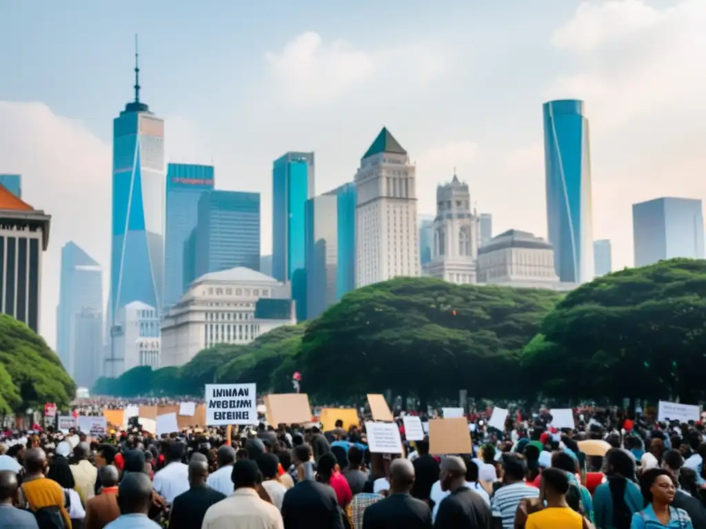 Una ciudad global bulliciosa con rascacielos imponentes, calles rebosantes de gente y una marcha por los derechos humanos