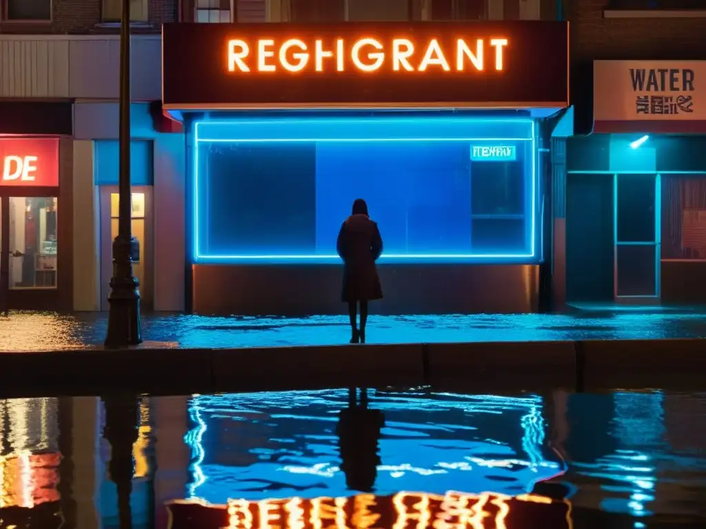 Una ciudad inundada de noche, con luces de neón reflejándose en el agua