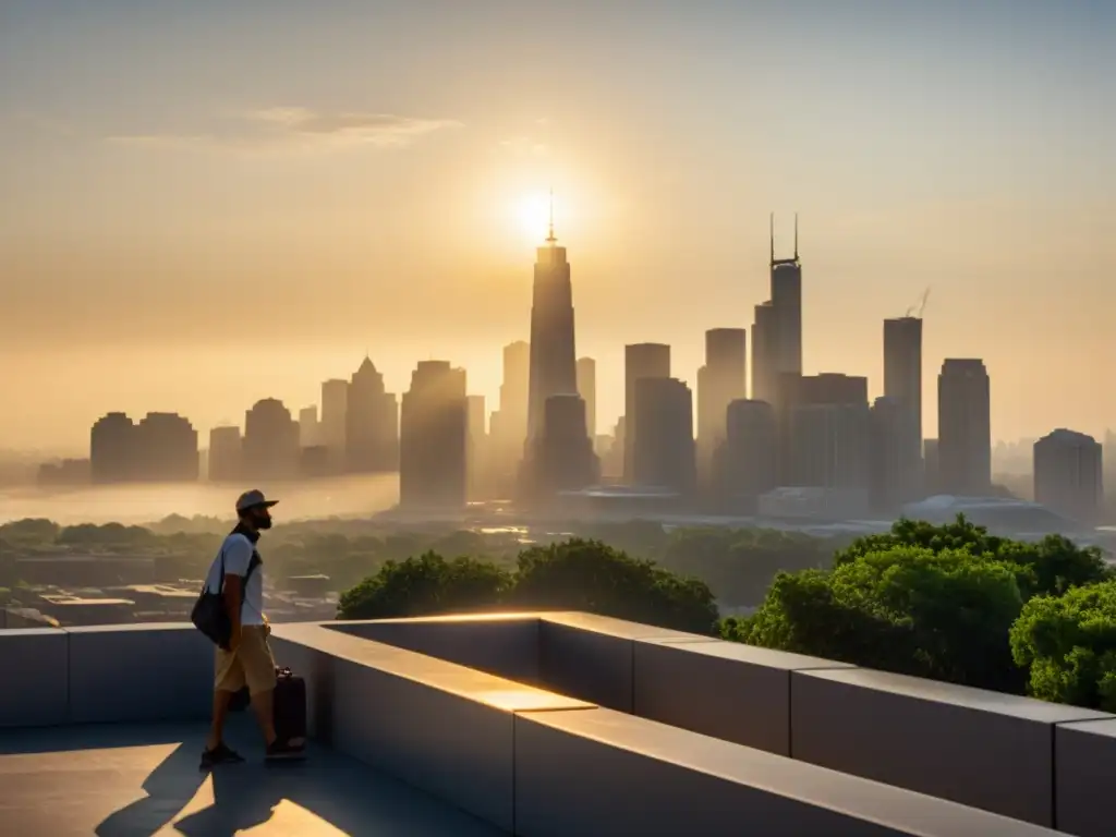 Calor extremo: ciudad sofocante bajo el sol abrasador Una ciudad sofocante durante una ola de calor, con personas buscando alivio a la sombra, mostrando el impacto del calor extremo en el ambiente urbano