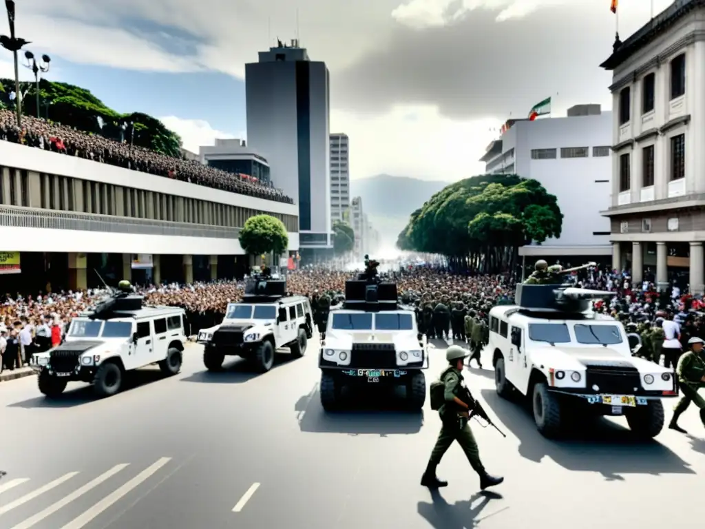 Una ciudad sudamericana en blanco y negro, con gente protestando y militares en las calles