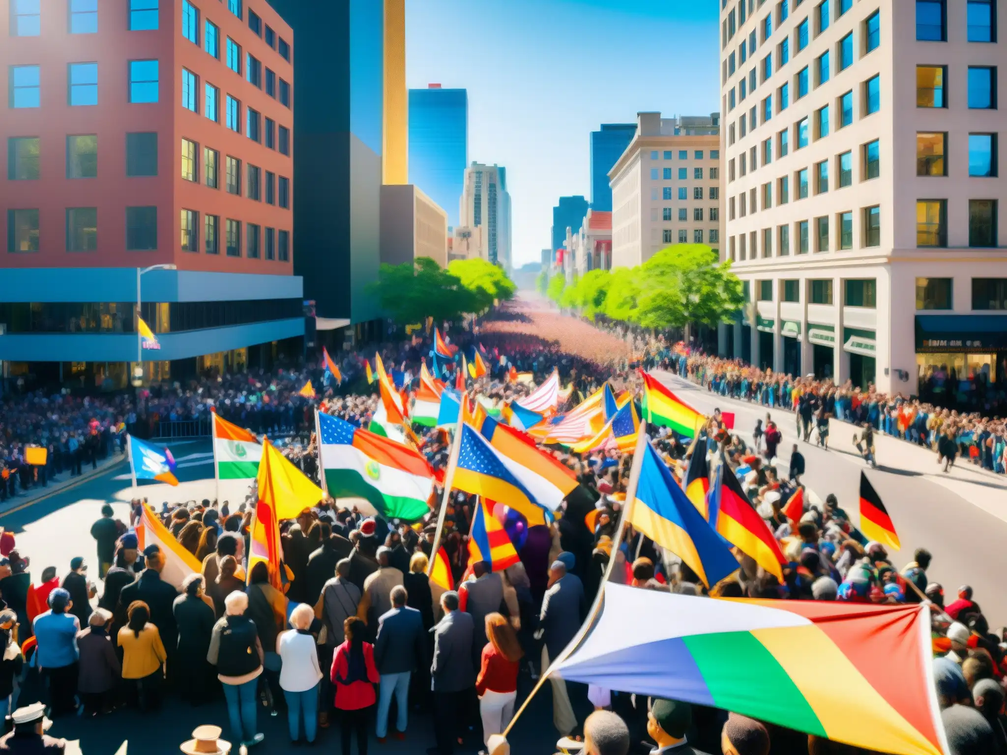 Manifestación ciudadana con mensajes de democracia y desarrollo económico, multitud diversa en calles urbanas