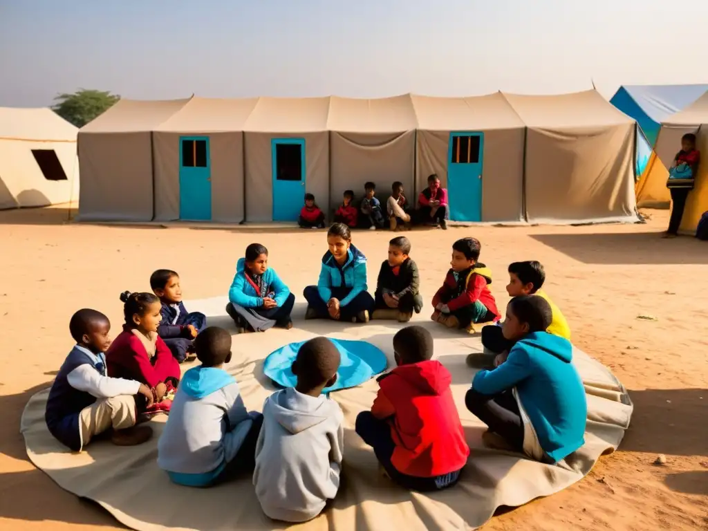 Clase al aire libre en un campamento de refugiados, con educación móvil para niños desplazados