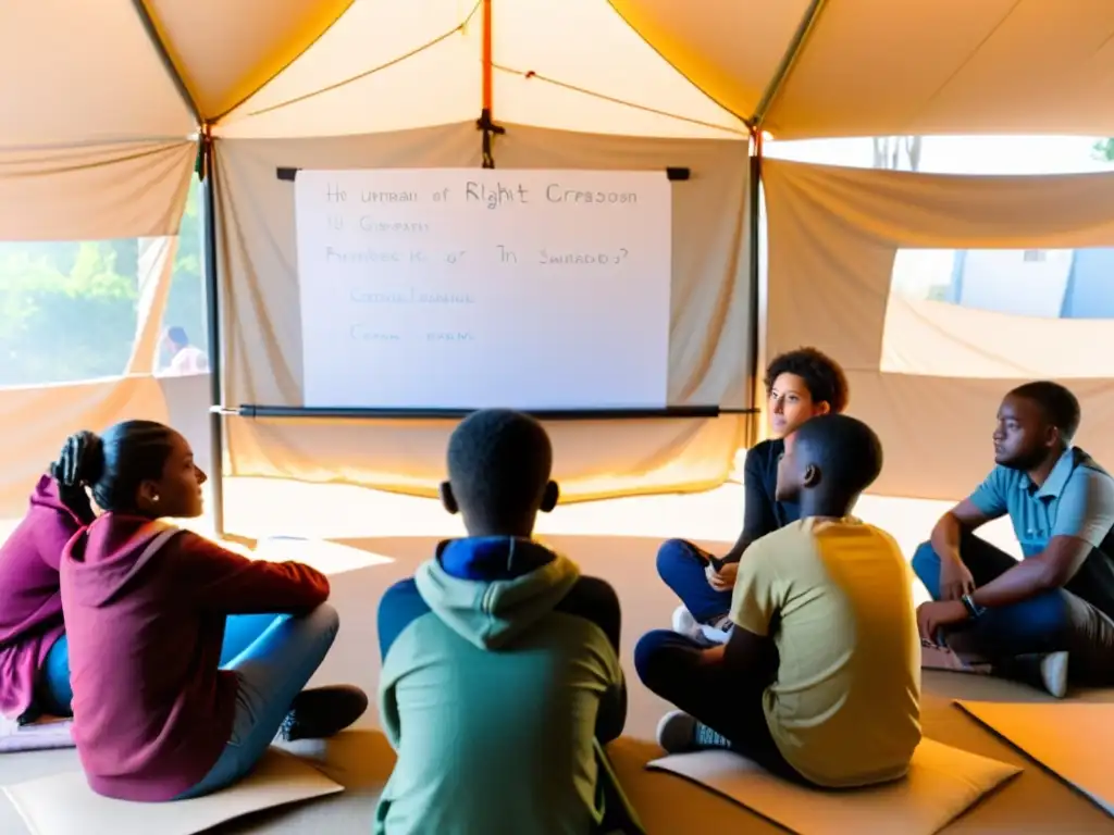 Clase al aire libre en un campamento de refugiados, enseñanza de derechos humanos en desplazamiento