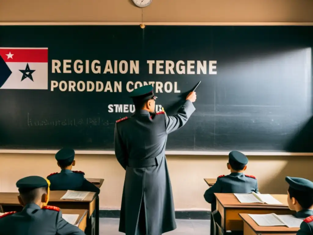 Clase en régimen autoritario: estudiantes uniformados en aula sombría escuchan al maestro señalar un mapa