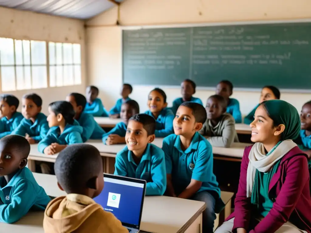 Clase de tecnología educativa en crisis migratorias: niños de diferentes edades y orígenes participan con entusiasmo en una sesión de aprendizaje tecnológico en un aula llena de luz natural y decorada con arte colorido y carteles educativos