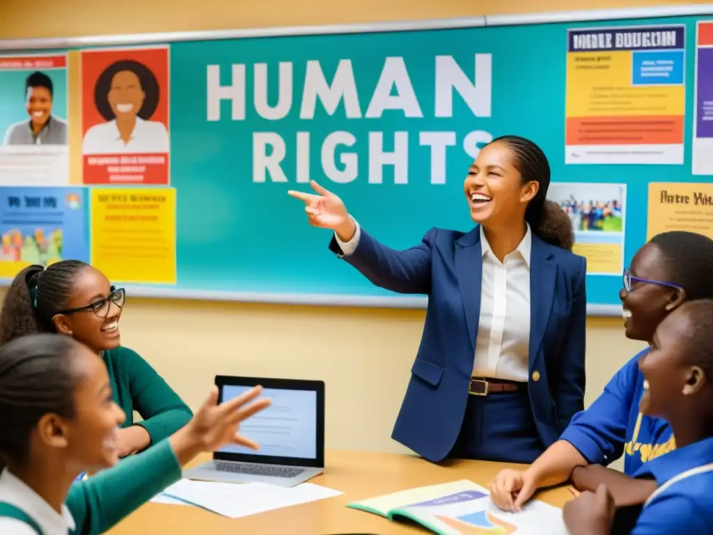 Una clase vibrante y participativa sobre derechos humanos con estudiantes comprometidos y un profesor alentador