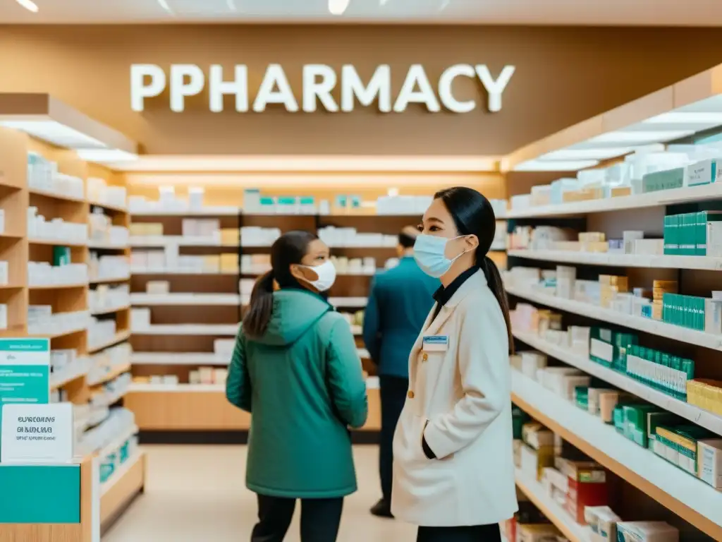 Clientes usando mascarillas esperan en una farmacia abarrotada, buscando acceso a medicamentos en pandemias