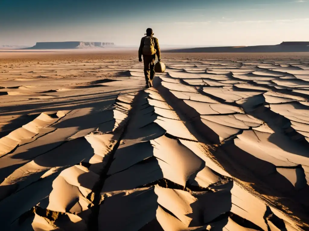 Migración climática y derechos humanos: Una figura solitaria camina en un paisaje desolado, simbolizando la determinación frente a desafíos inmensos