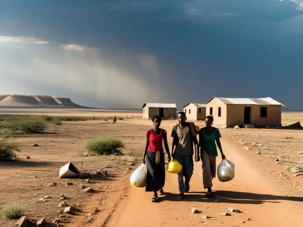 Migración climática y derechos humanos: Refugiados climáticos caminan agotados por un paisaje árido y desolado, abandonando sus hogares