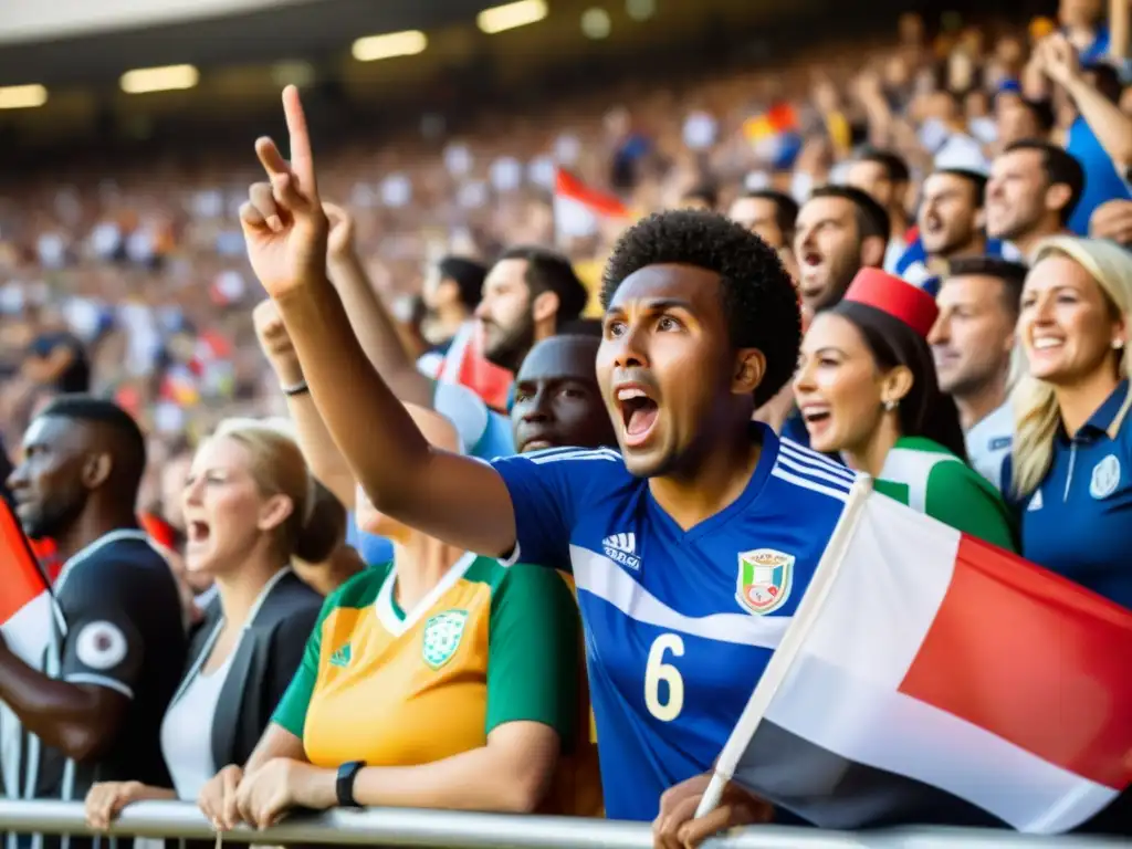 Close-up de aficionados de fútbol con emociones crudas y tensiones en el estadio, destacando la diversidad étnica y cultural