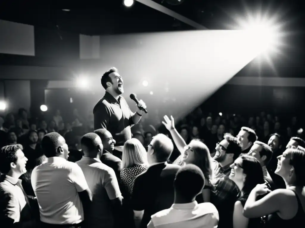 Un club de comedia abarrotado en blanco y negro, con el foco brillando sobre el comediante en el escenario, mientras el público estalla en risas