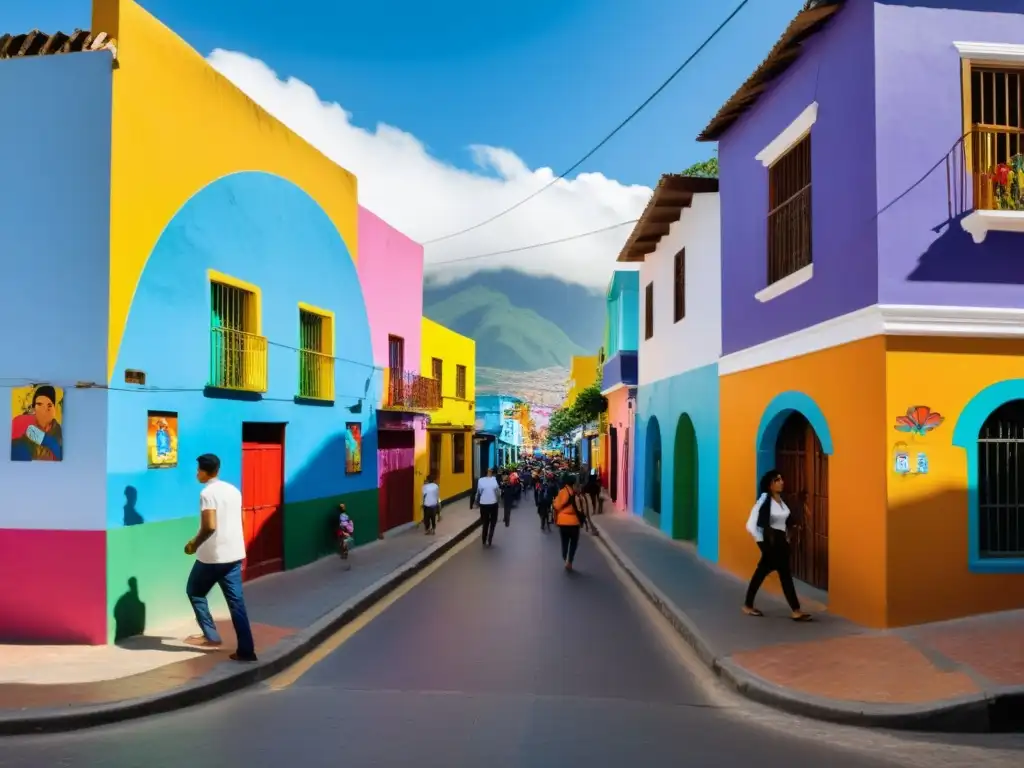 Coloridas calles latinoamericanas llenas de vida y diversidad, reflejando la protección de los derechos económicos en América