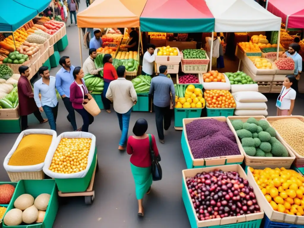 Colorido mercado global con intercambio cultural, reflejando la ética en el consumo global