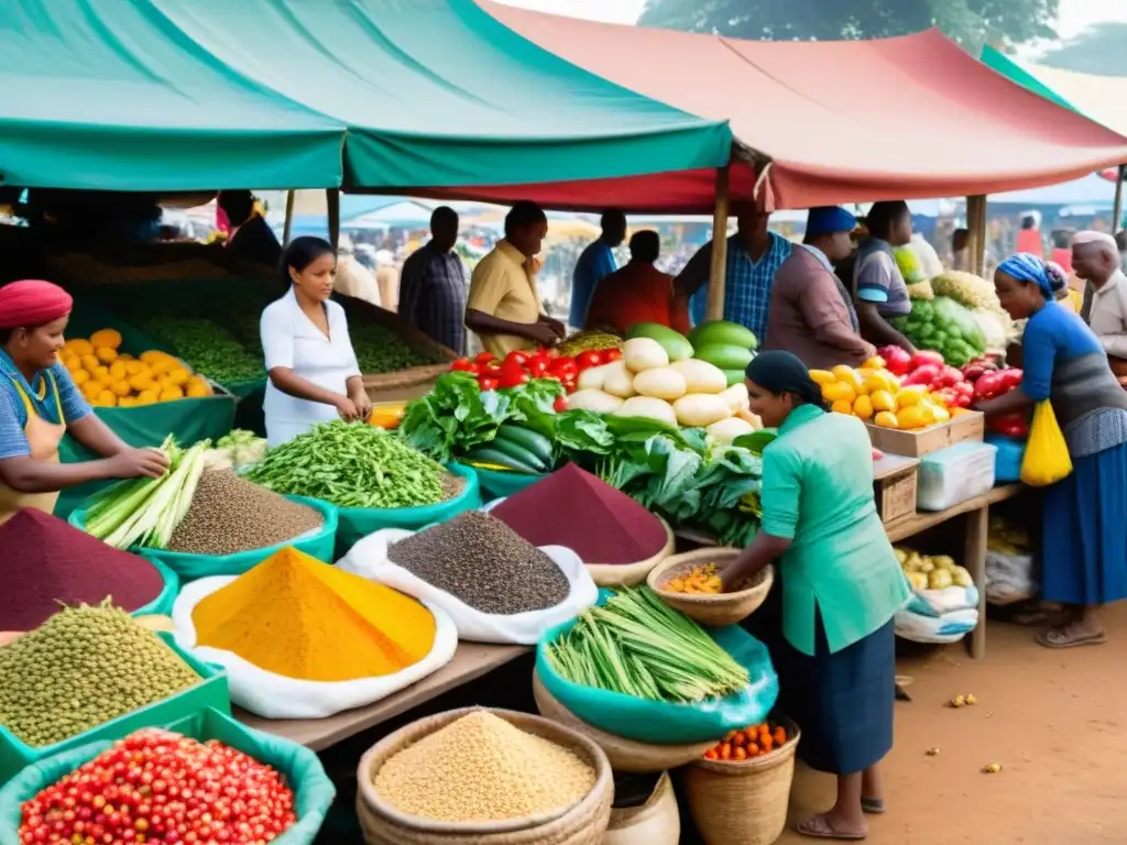 Colorido mercado en un país en desarrollo, donde los vendedores ofrecen productos frescos y variados