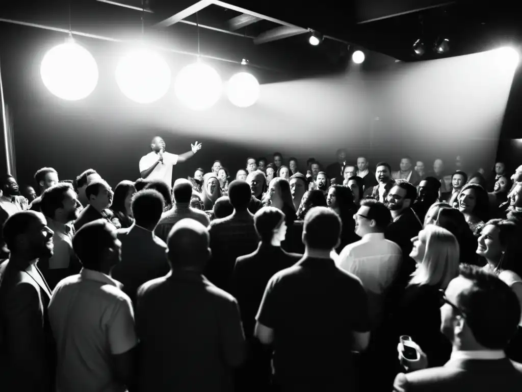 Comediante en el escenario de un club lleno, con risas y emotividad