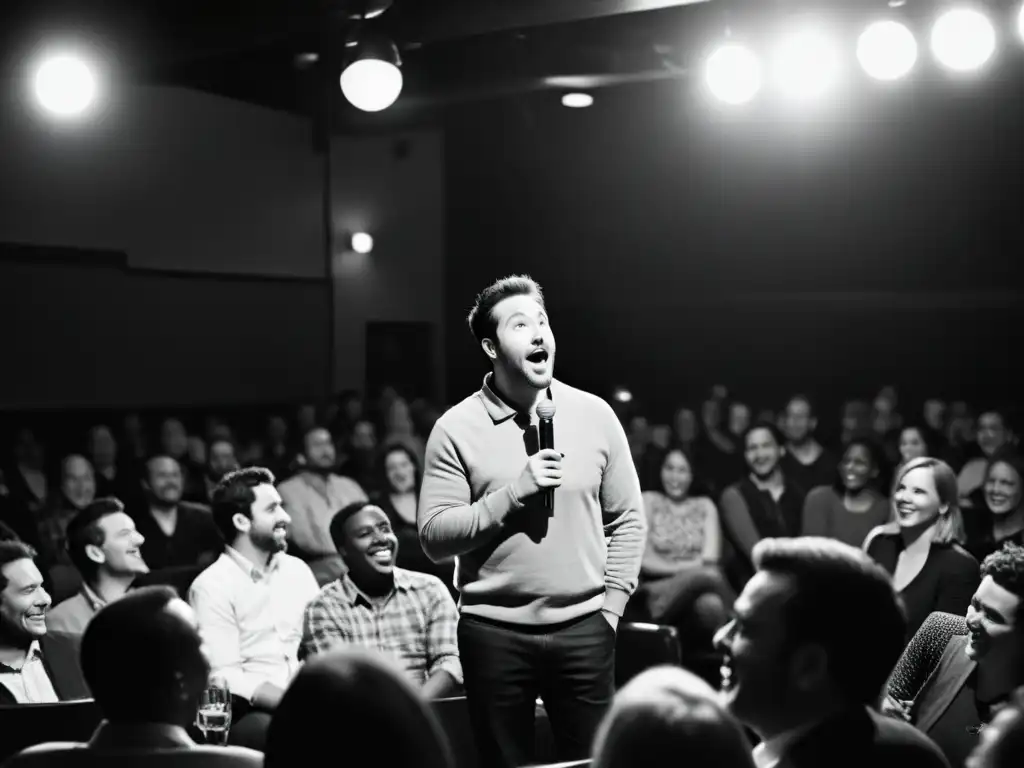 Comediante en escenario iluminado, público riendo, reflexionando