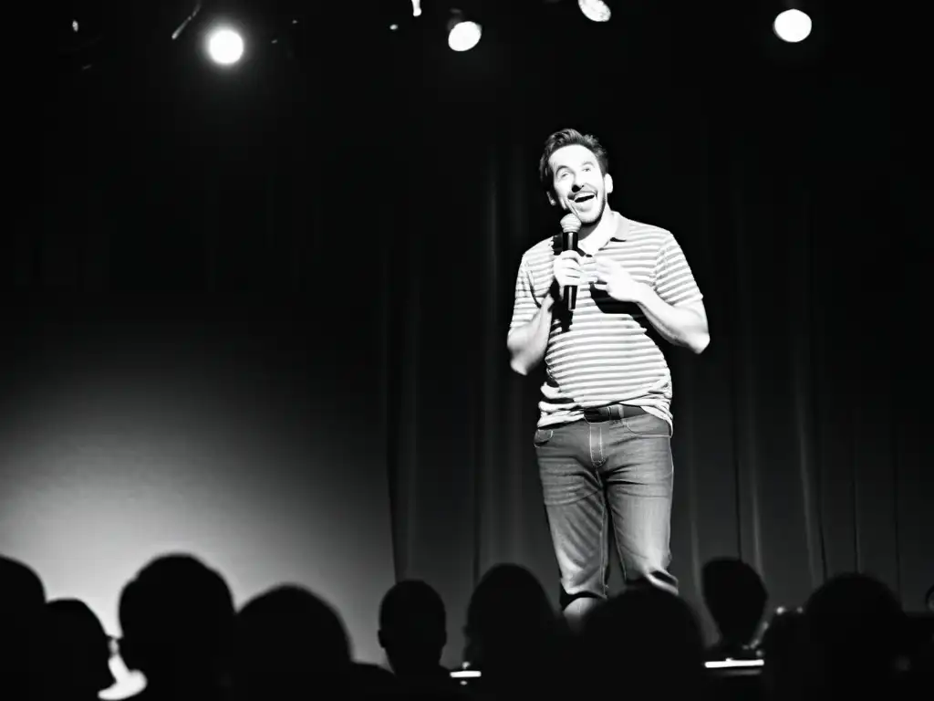 Un comediante sonriente en el escenario de un club, desatando risas