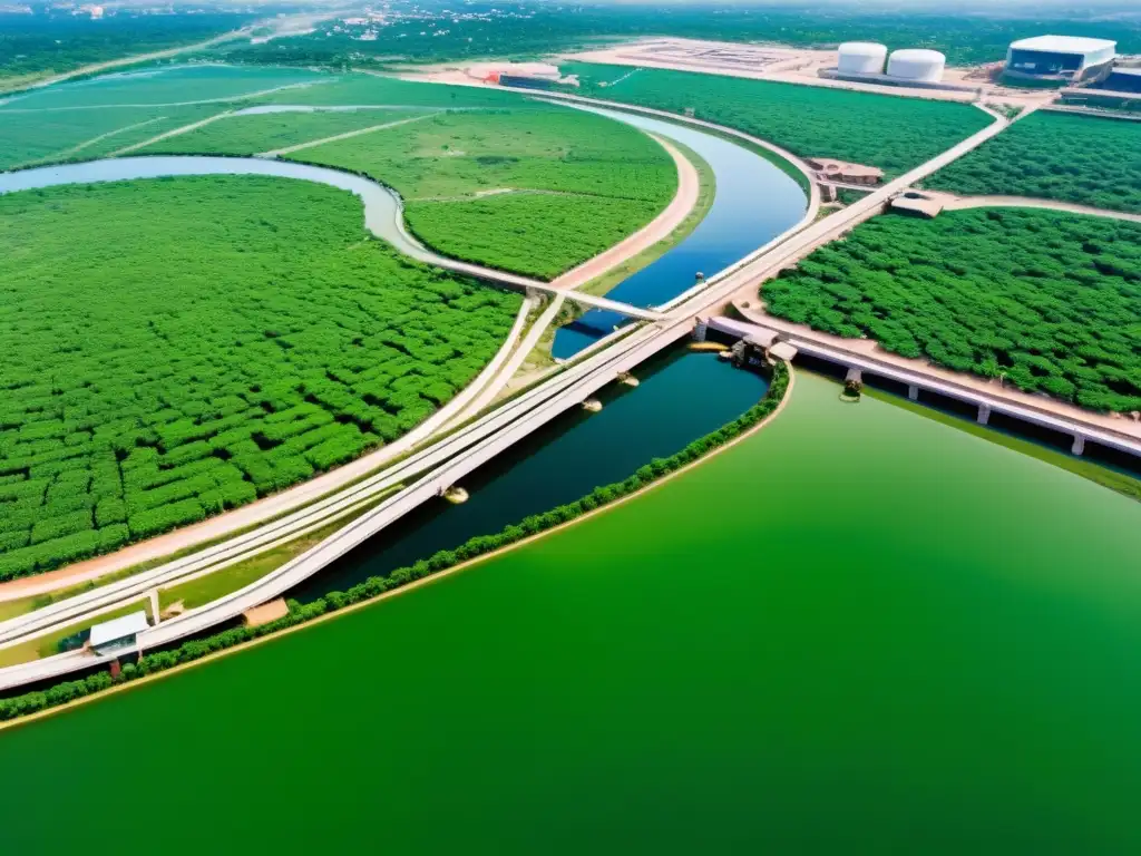 Compleja infraestructura de distribución de agua rodeada de exuberante vegetación, destacando el acceso a servicios básicos y derechos humanos