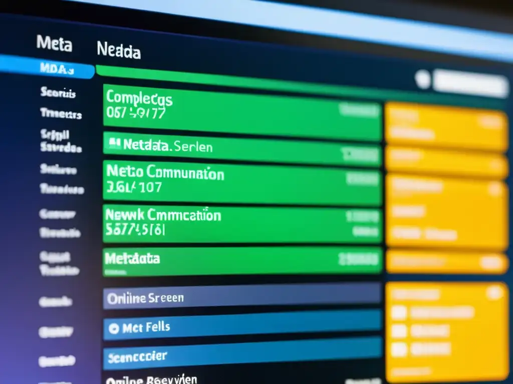 Compleja red de metadatos interconectados en pantalla de computadora resalta la importancia de los metadatos en la era digital