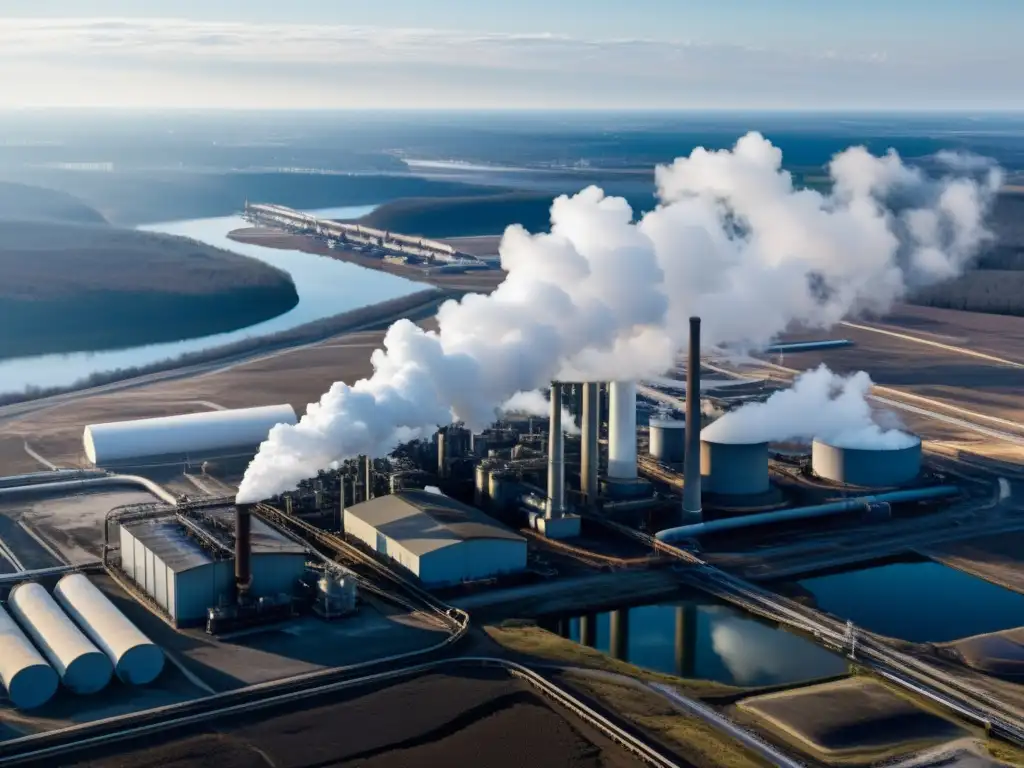 Complejo industrial emitiendo vapor y contaminación sobre un cuerpo de agua, resaltando la huella hídrica
