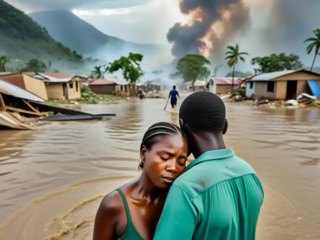 Comunidad afectada por desastre natural, mostrando el impacto del cambio climático en la salud mental