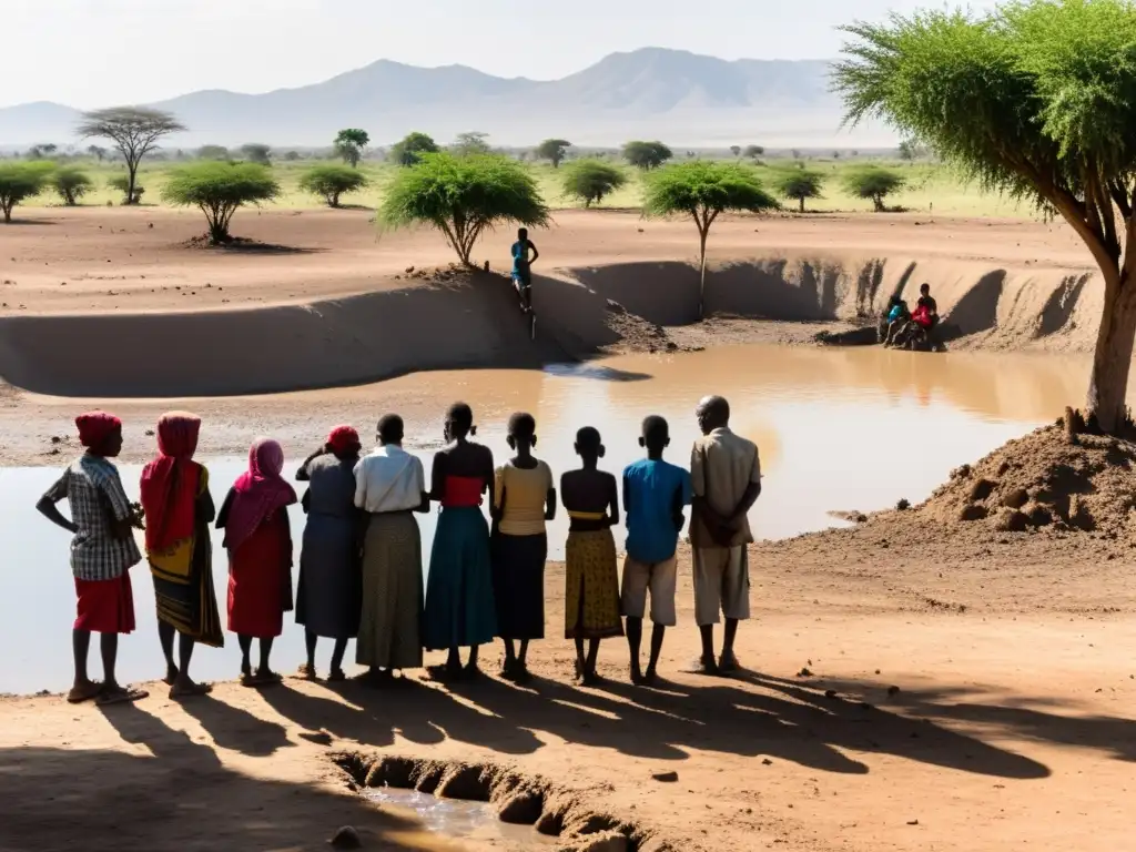 Comunidad afectada por la sequía espera desolada en un pozo de agua fangoso