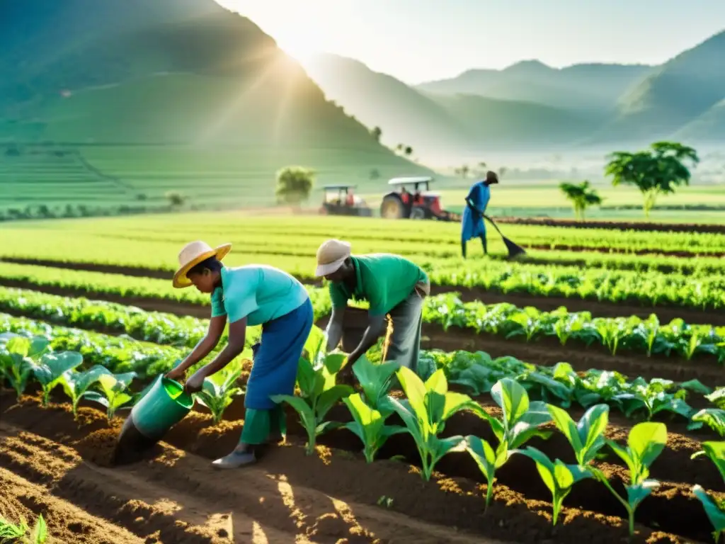 Comunidad de agricultores trabajando juntos en un campo exuberante, mostrando la reforma agraria y derechos humanos postconflicto