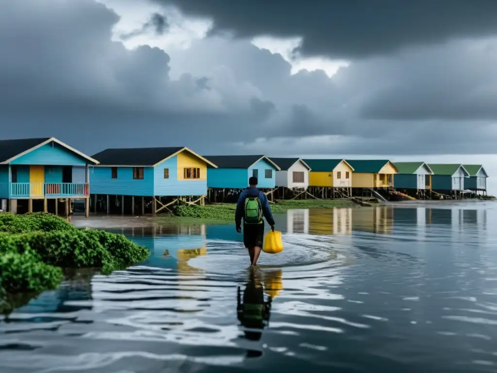 Comunidad costera afectada por el cambio climático, con casas en ruinas, calles inundadas y familias desplazadas