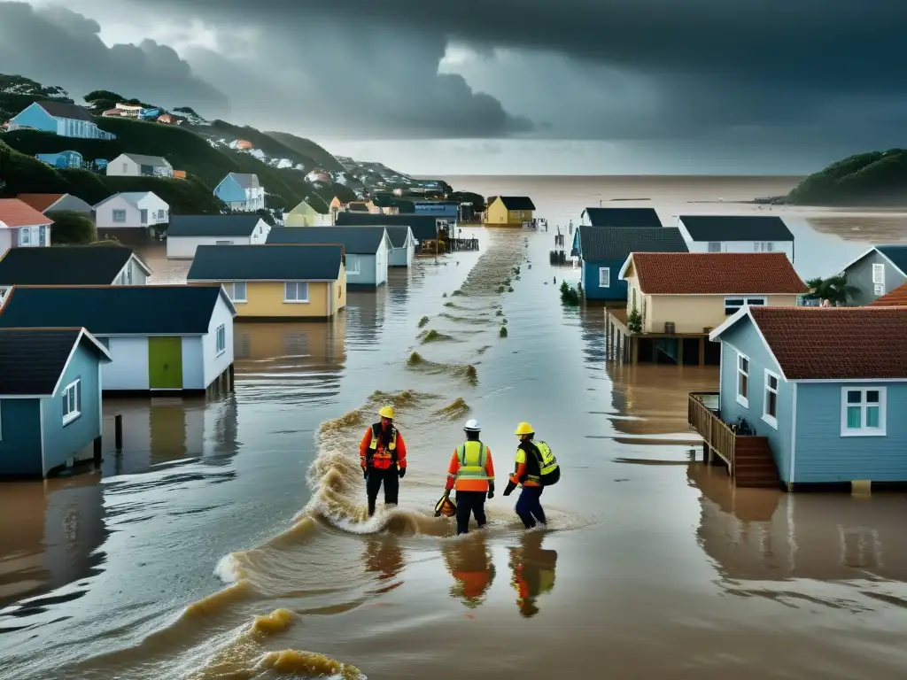 Comunidad costera afectada por el impacto del cambio climático en los derechos humanos, con casas inundadas y evacuaciones de rescate