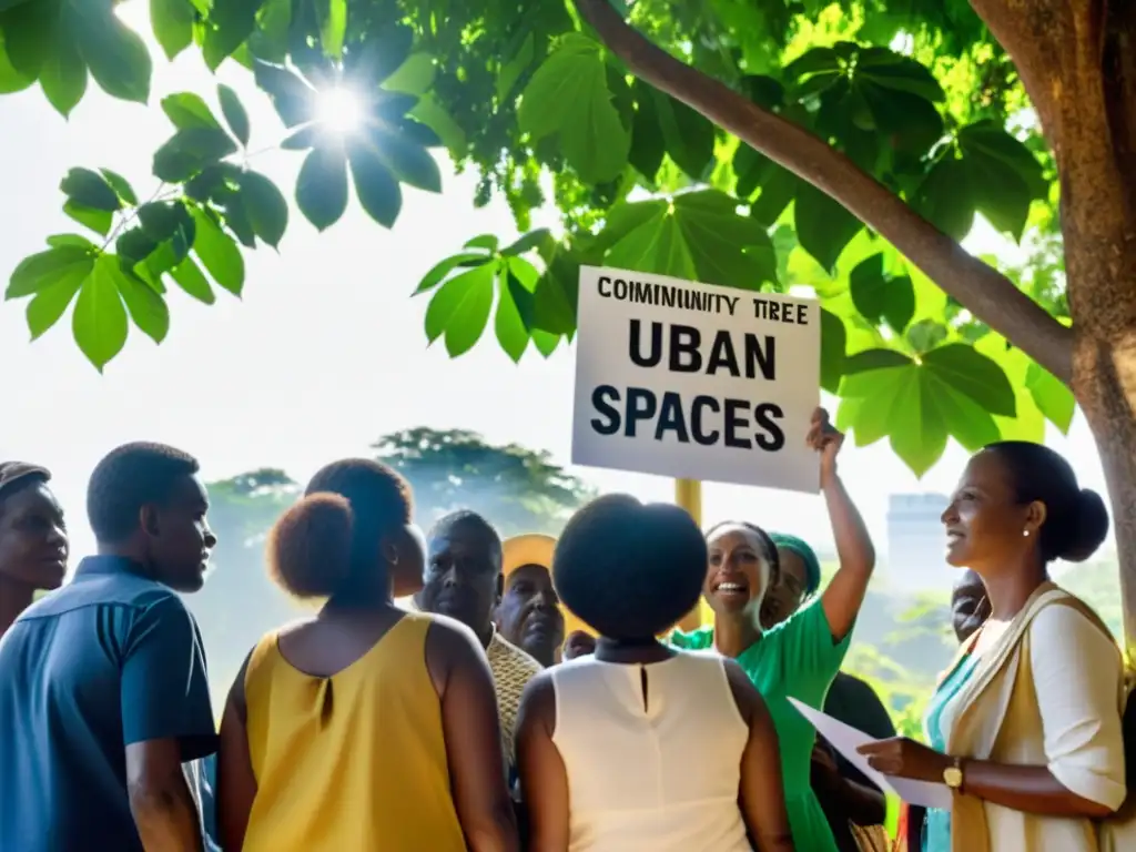 Comunidad se reúne bajo un frondoso árbol en protesta pacífica, expresando esperanza por el derecho a la sombra y contra la deforestación urbana