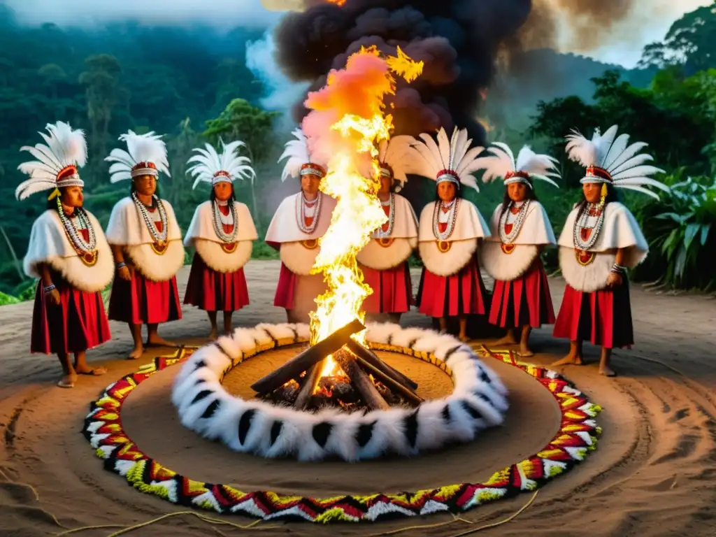 Comunidad indígena en ceremonia tradicional, rodeada de exuberante selva amazónica