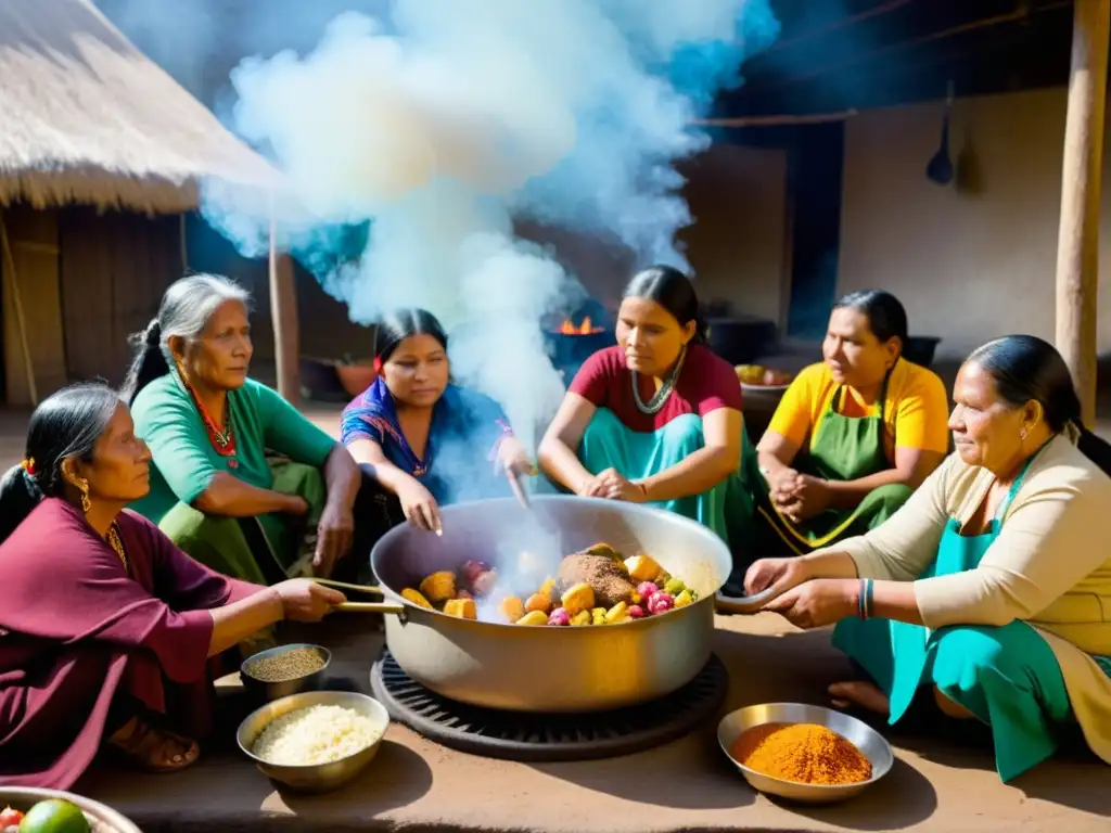 Una comunidad indígena preparando comida tradicional en gran olla, resaltando los derechos culturales gastronomía tradicional