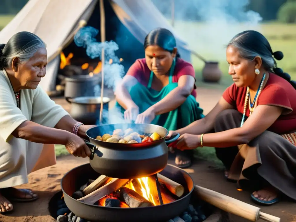 Una comunidad indígena prepara una comida tradicional alrededor de un gran caldero sobre el fuego