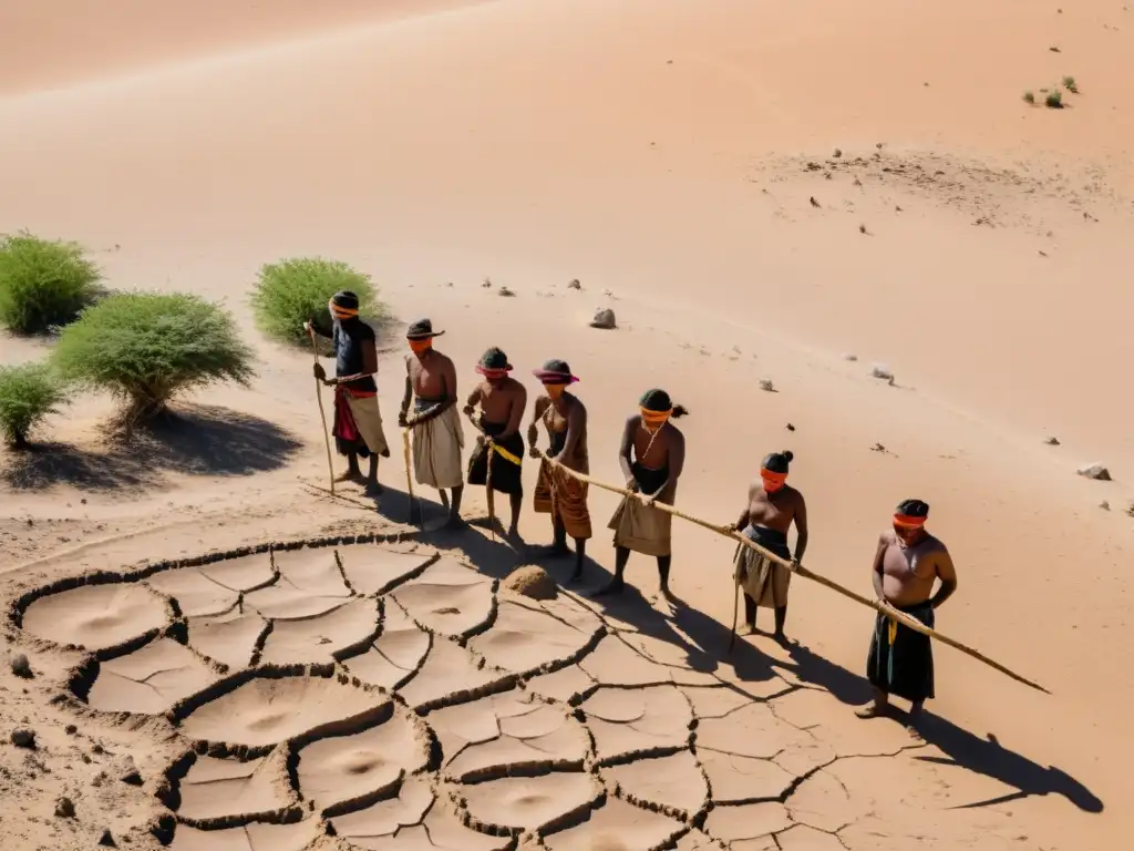 Comunidad indígena luchando contra la desertificación, plantando cultivos en suelo árido