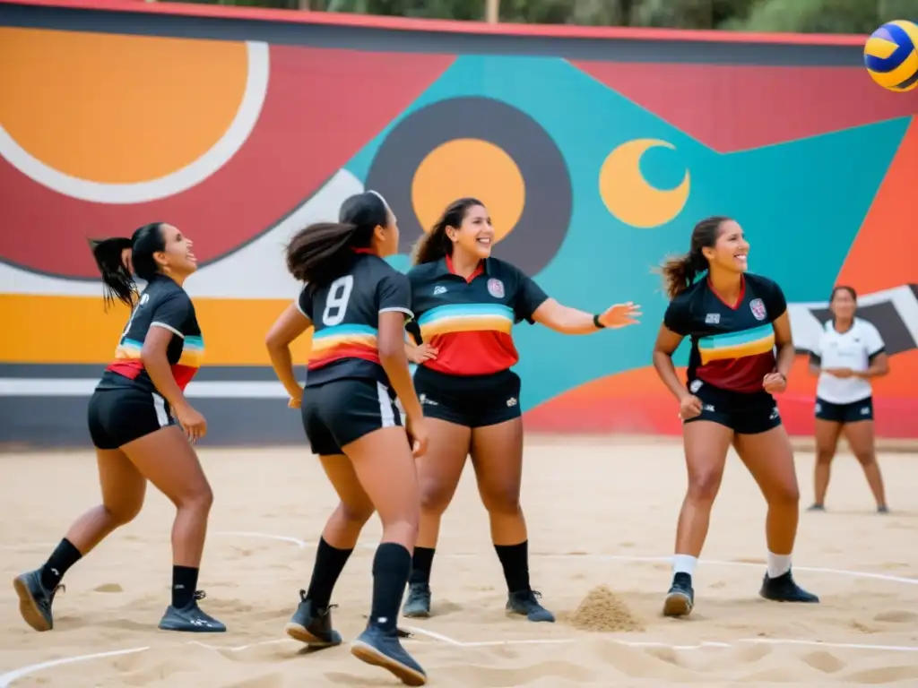 Comunidad indígena empoderada en cancha de voleibol, reflejando el impacto del voleibol en comunidades indígenas