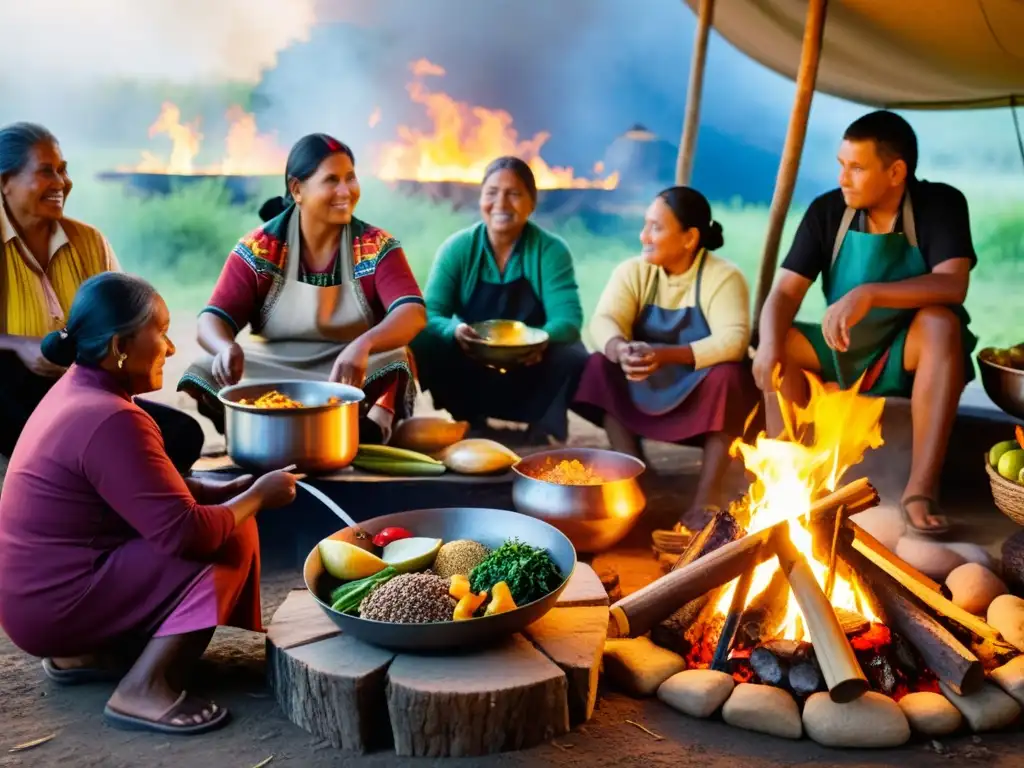 Una comunidad indígena se reúne alrededor de un gran fuego para cocinar ingredientes coloridos con utensilios tradicionales, transmitiendo la importancia de la gastronomía tradicional y los derechos culturales