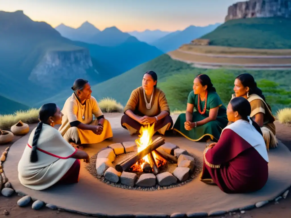 Comunidad indígena preservando su patrimonio cultural alrededor del fuego, en un ritual ancestral en las montañas