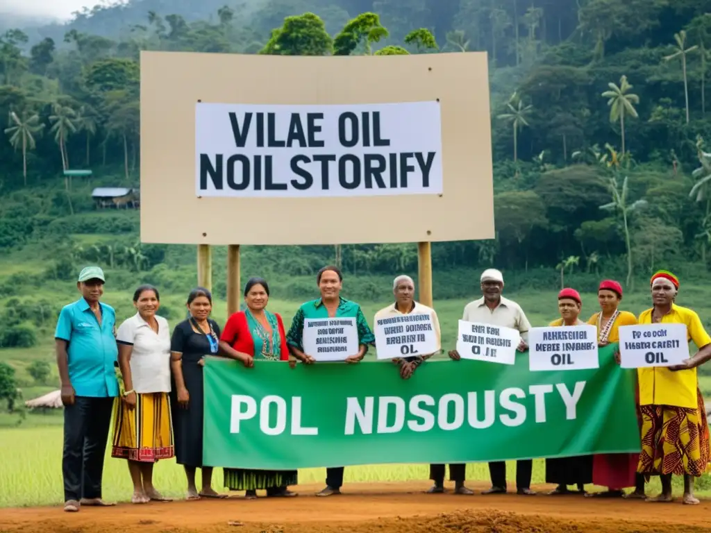 Comunidad indígena protesta por impacto ambiental de la industria petrolera en su región, rodeados de selva exuberante