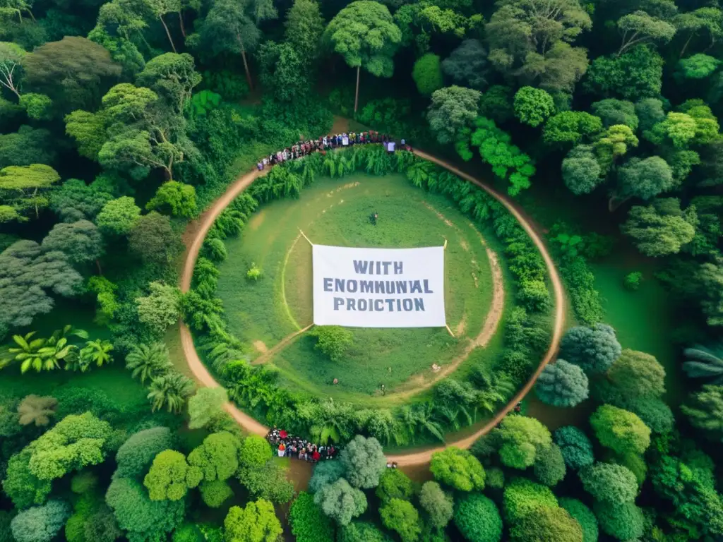 Comunidad indígena en protesta pacífica por derechos humanos y conflictos ambientales en el bosque exuberante