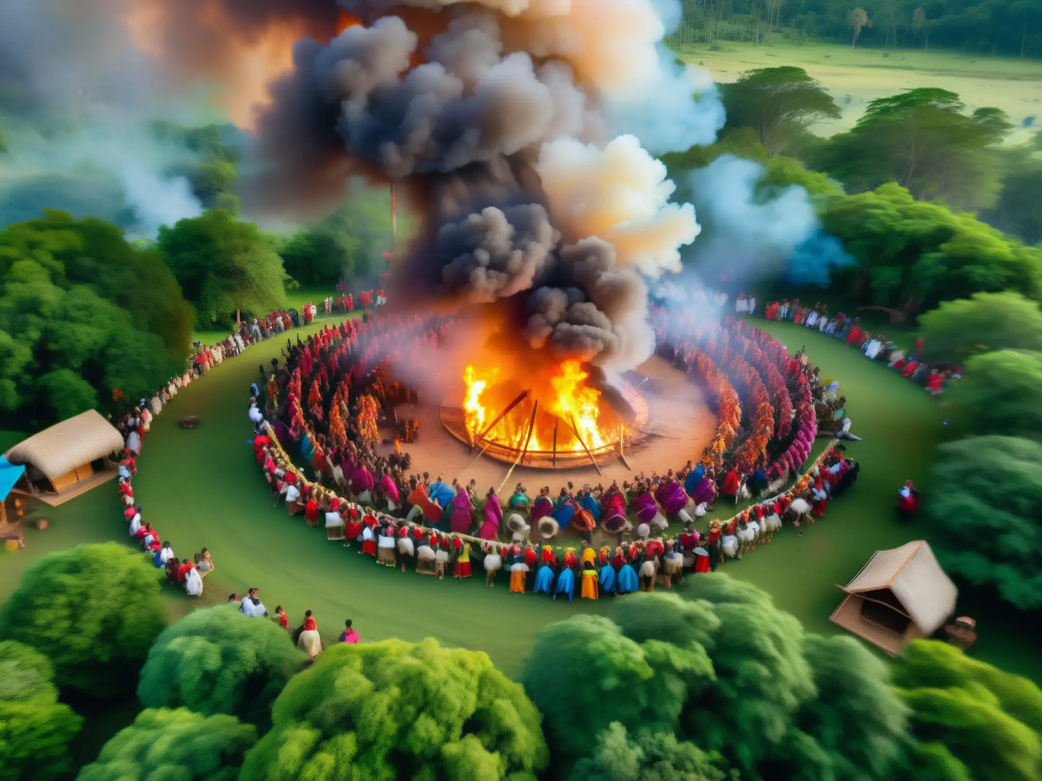 Comunidad indígena en renacimiento cultural, celebrando derechos humanos con danzas, artesanías y vestimenta tradicional en torno al fuego ceremonial