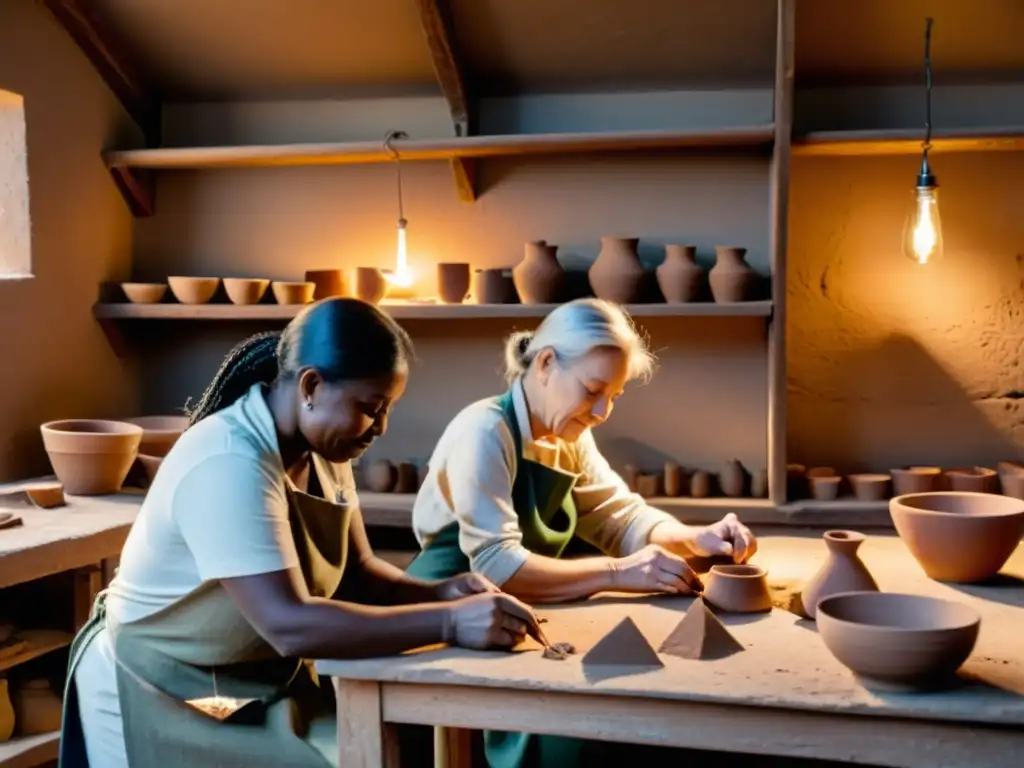 Comunidad local restaurando cerámica antigua en taller rústico, preservando el Patrimonio Cultural con cuidado y dedicación